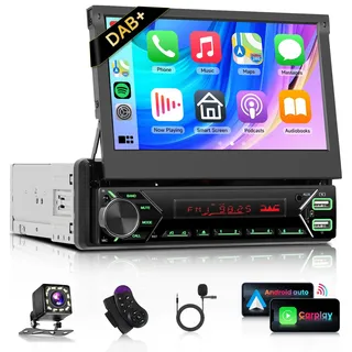 Podofo DAB/DAB+ Autoradio 1Din Mit 7'' Touchsreen Manuell einziehbarer Bildschirm Wireless Carplay/Android Auto Bluetooth 5.1 FM/RDS 2USB/MIC/Typ c/AUX/Lenkradsteuerung mit Rückfahrkamera