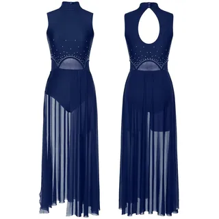 Frauen Lyrical Dance Kostüme Gymmatics Modernes, zeitgenössisches Ballett-Tanzkleid, lyrisches Ballett-Tanzkleid, glitzerndes Strass-Kleid, Eiskunstlauf-Kostüm Damen Latein Tanzkleider(Navy Blue B,M)