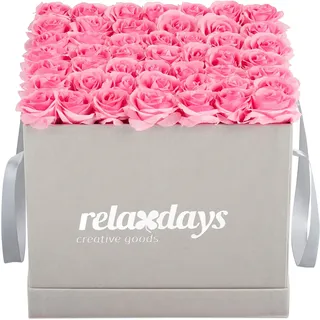 Relaxdays Rosenbox eckig, 49 Rosen, stabile Flowerbox grau, 10 Jahre haltbar, Geschenkidee, dekorative Blumenbox, rosa