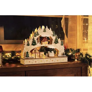 ITO Electronics Weihnachtlicher Schwibbogen mit fahrenden Zug LED Kerzen und Timerfunktion, Weihnachtsdekoration, Holzdesign mit Winterszene, Beleuchteter Lichterbogen