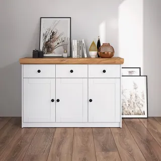 Homestyle4u Kommode Sideboard Eiche Weiß Holz Massiv Schrank Mit Schubladen Highboard Anrichte - Weiß