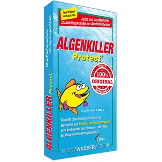 ALGENKILLER Protect® - Der Algenenferner für den Teich. Algen und Grünbelag abbau mit Synergieeffekt verbessert die Pumpen- und Filterleistung. Optimaler Oberflächenschutz mit Langzeitwirkung.