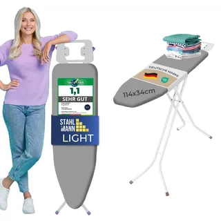 STAHLMANN ® Bügelbrett [114x34 Bügelfäche ] Grau mit rutschfesten Füßen – robuster Bügeltisch – extra stabiles Bügelbrett [Made IN EU] – Tischbügelbrett