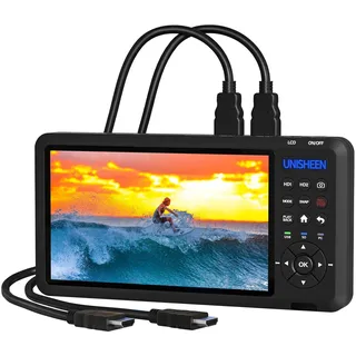 UNISHEEN HD Video Capture Box 2 Channel 1080p 60 FPS HDMI Picture-in-Picture Video Recorder with Screen 7 inches MP4 Support SD Card U Disk Storage Have USB2.0 Cable Remote Control