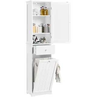 Yaheetech Badezimmerschrank 180 cm Hochschrank mit Wäschekorb & Schublade & Tür schmaler Badschrank Standregal Bodenschrank mit verstellbaren Einlegeboden Weiß