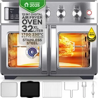 TURBO TRONIC TurboTronic digitaler Heißluftofen - XXL 32 Liter mit Drehspieß 4in1 Mini Backofen & Power Heißluftfritteuse Airfryer
