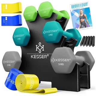 Kesser Hantel-Set 1-5 kg mit Ständer rutschfeste Neopren beige/silber