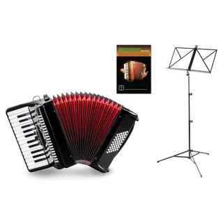 Classic Cantabile 48-Bass Akkordeon 'Secondo V' Set (inkl. Tasche, Riemen, Notenständer & Akkordeon Schule) Schwarz Hochglanz