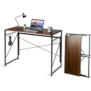 Costway - klappbarer Schreibtisch, 100 x 50cm Klapptisch mit 6 Haken & Metallrahmen, platzsparender Computertisch 115 kg, Braun