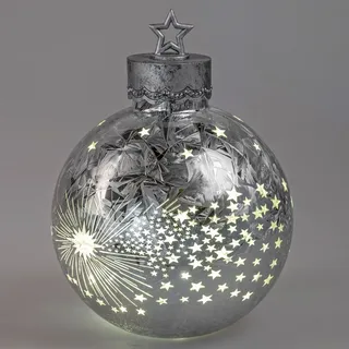 Formano Deko-Kugel Silber- Frosty 35cm mit LED Licht Timer Beleuchtete Glaskugel - Weihnachtsdekoration Tisch Regal Deko-Kugel 6h/18h Timer Weihnachtskugel zum Stellen