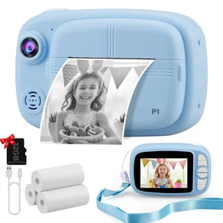 Misilmp Sofortbildkamera Kinder, 3.5" 1080P Digitalkamera Zero-Ink Kamera mit 4 Rollen Druckpapier, 32GB TF-Karte Videokamera Digital Kinderkamera Geschenke Junge für 3-14 (Blau)