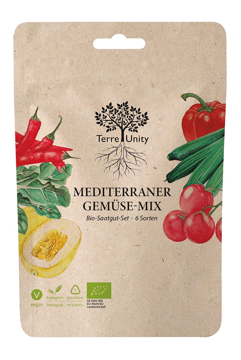 Bild Terre Unity Bio Saatgut - Mediterraner Gemüse-Mix - Paprika - Cherrytomate - Mangold - Spaghetti-Kürbis - Salatgurke - Chili - vegan - plastikfrei
