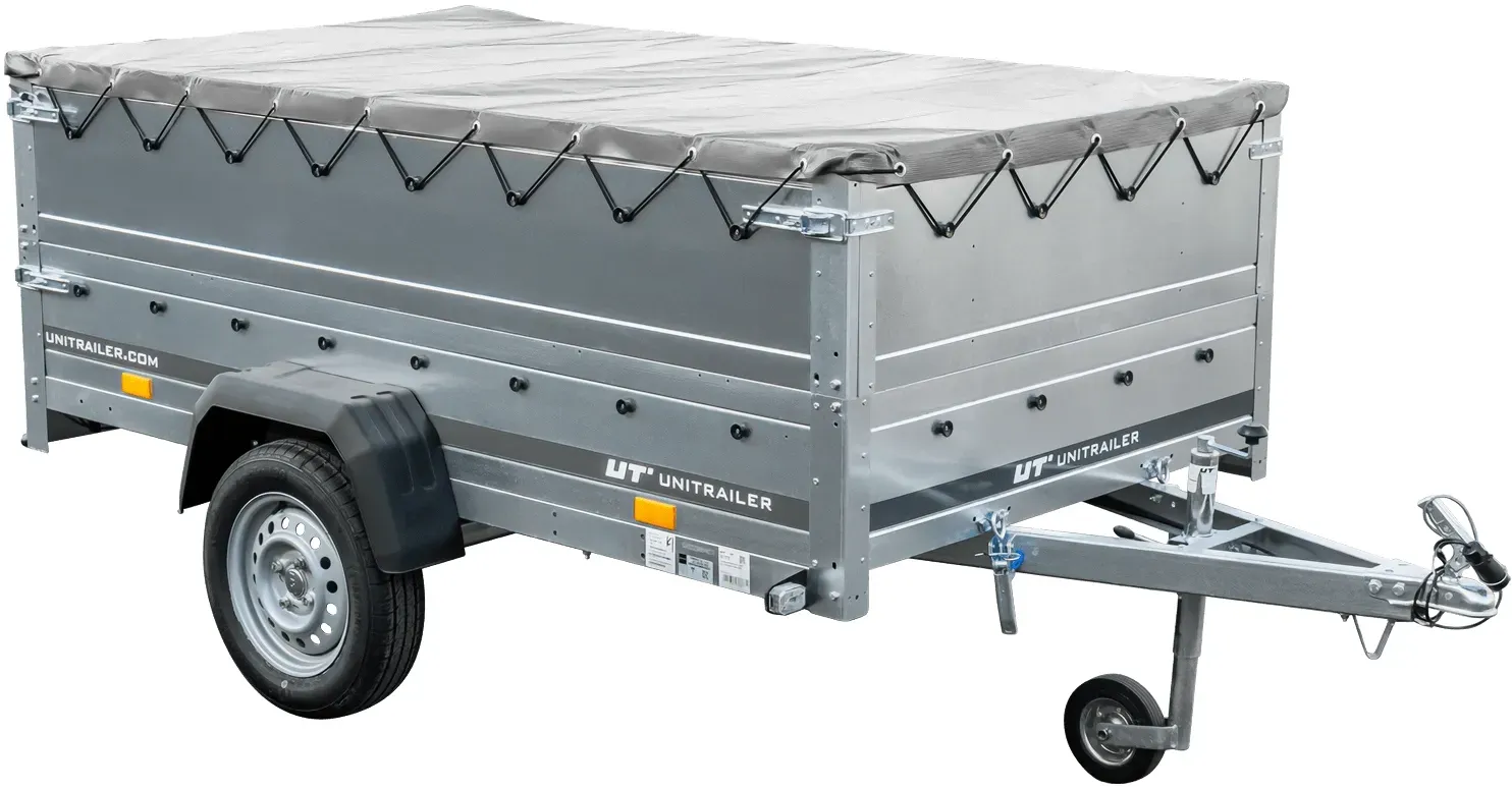 PKW-Anhänger auf Federn 230x125 UNITRAILER GARDEN 230/R KIPP mit BIS-Seiten, H-0-Rahmen und grauer Plane