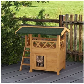 PawHut Katzenhaus mit Asphaltdach 2-stöckig, 77 x 50 x 73 cm - grün, Natur
