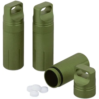Relaxdays wasserdichte Kapsel, 3er Set, Pillendose Schlüsselanhänger, für unterwegs, Aluminium, HxD: 9,5 x 3 cm, grün