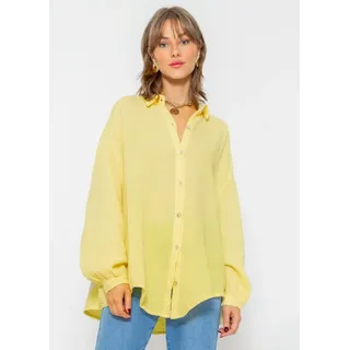 SASSYCLASSY Longbluse Oversize Musselin Bluse Damen kurz Langarm Elegant Hemdbluse lang aus Baumwolle mit V-Ausschnitt, One Size (Gr. 36-48) gelb|weiß
