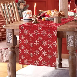 BonBotimen Weihnachtsläufer Tischläufer Schnee Schneeflocken Saisonal Winter Weihnachten Urlaub Weiß Leinen Küche Esszimmer Tischdekoration für Innen- und Außenbereich Zuhause Partydeko 33 x 183 cm