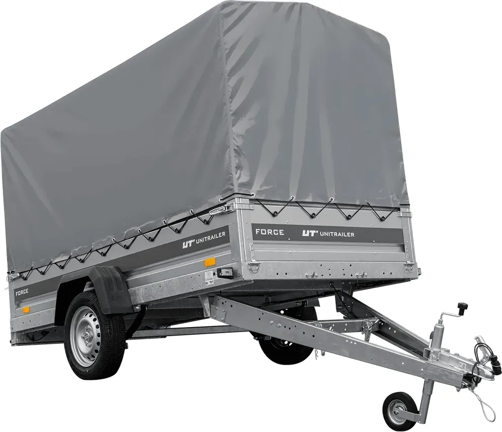 Einachsiger Anhänger mit Blattfedern 264x125 UNITRAILER FORCE 264/R KIPP mit H-1100 Rahmen und grauer Plane