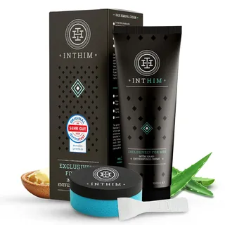 IntHim Enthaarungscreme Intimbereich Männer – Sanfte, Gründliche Haarentfernungscreme + Glatte Haarentfernung mit IntHim DermaClean Pro Schwamm – Hair Removal Cream Intimbereich, Po & Hoden