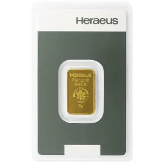 Goldbarren 5 g - 5 Gramm Gold - Heraeus - Feingold 999.9 - Prägefrisch - LBMA Zertifiziert