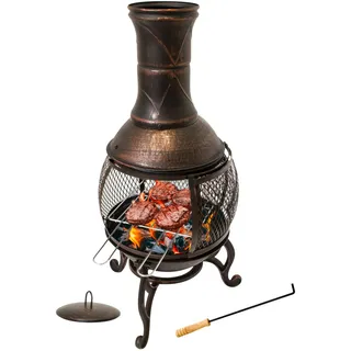 Lemodo Terrassenofen Gartenkamin mit Grill, Gusseisen, Grillkamin 360° FireView, Funkenschutzgitter