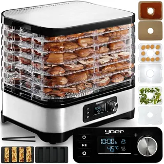 Yoer Dörrautomat Edelstah 450W, 6 Einlegefächer + 9 Zubehör, 4725 cm2, 24h Timer, LED-Anzeige, BPA-frei, Lebensmittel-Dörrgerät, Obsttrockner, Dehydrator 2 x Müsliriegelform, VitaSave FD01S