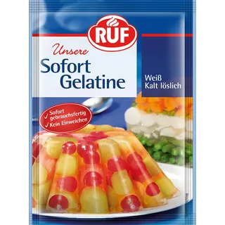 RUF Sofort-Gelatine, Gelatinepulver kalt löslich, Speise-Gelatine ohne Einweichen und Erhitzen, Pulver-Gelatine für Desserts, zum Backen & Kochen