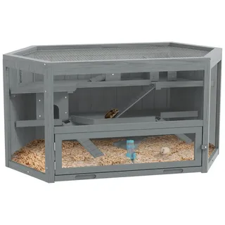 PawHut 3 Etagen Nagerkäfig, Kleintierkäfig Kleintierhaus aus Holz Hamsterkäfig