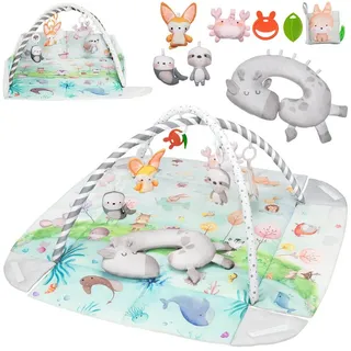 lionelo Anika Natural Baby Spielmatte aus Bambus 0+, mit 8 abnehmbaren Spielzeugen & Spielbogen, weiche Activity-Matte für Tummy Time & Bauchlage