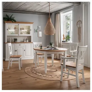 Lomadox Esszimmer-Set ESBJERG-69, (Spar-Set, 6-St), Kiefer weiß lackiert mit Eiche geölt, Landhausstil, inkl. Beleuchtung weiß