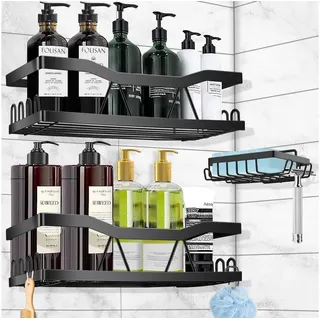 Cozii Duschablage Ohne Bohren, Duschregal Ohne Bohren, 3 Stück Badezimmer Regal, Rostfrei Schwarz Duschregal, Duschkorb mit 8 Haken für Bad und Küche