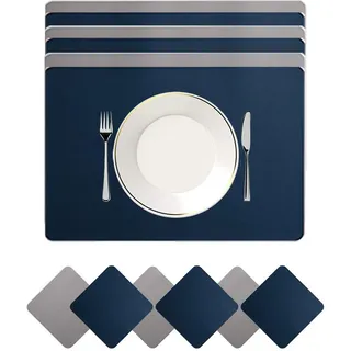 JDkilp Platzset Abwischbar, Leder Untersetzer Und Tischset 6er Set, Platzdeckchen Abwaschbar Doppel Verdickte 45x30cm, Für Hause Küche Restaurant Und Hotel (Blau + hellgrau)