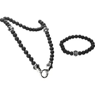 SET Lavastein Kugelkette + Kugelarmband TOTENKÖPFE