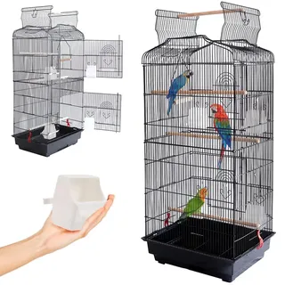 BAKAJI Vogelkäfig für Vögel, Papageien, Sittiche, Vögel, aus Metall mit aufklappbarem Dach und Futterstangen, Sitzstangen aus Holz, Käfig mit Abnehmbarer Schale für einfache Reinigung