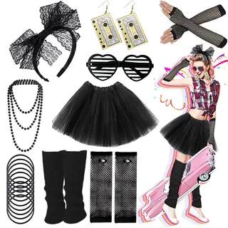 Ronilp 80er Jahre Damen Kostüm Accessoires Set mit Tutu-Rock, Beinwärmer, Halskette, Armbänder, Netzhandschuhe, Spitzenhandschuhe, Schleifenband, Ohrringe