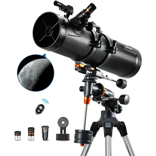 Teleskop 130EQ Newton-Reflektor Teleskope für Erwachsene Professionelle Teleskope für Erwachsene Astronomie mit EQ5 Mount 2 Plossl Okulare und Bluetooth-Controller Telefon-Adapter und Finderscope