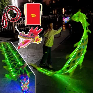 EXCLURA Jongliertücher LED-Drachen-Poi-Flowy-Streamer mit Kopf, Wirf Ein Leuchtendes Drachen-Poi-Band, Outdoor-Sport-Fitness Wu Langes Jonglieren mit Schaukelseil (Color : Green, Size : 3 m (9.8 ft))