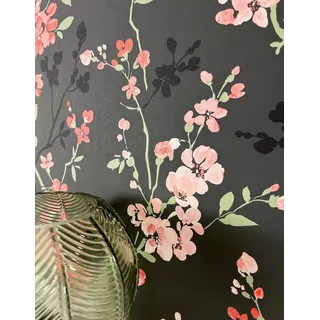Newroom Vliestapete, Anthrazit Tapete Floral Blumen - Tapete Blumentapete Rosa Grün Romantisch 3D Optik Blüten Blätter für Wohnzimmer Schlafzimmer Küche, Tapete, Blumentapete schwarz