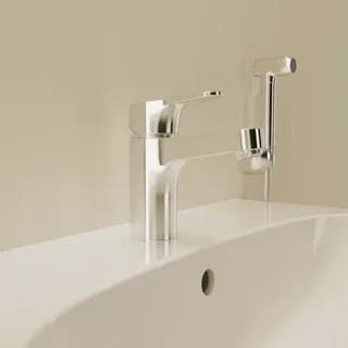 Ideal Standard Cerabase H80 Waschtischarmatur BC834AA chrom, mit Seitenbrause, ohne Ablaufgarnitur, Ausladung 106mm