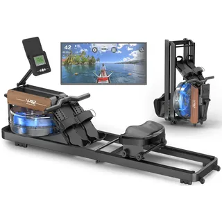 VOWVIT Rudergerät für Zuhause, Rudergerät Wasser mit Bluetooth Monitor, faltbares Rudergerät, Rudergeräte mit Verstellbarer Tablethalterung, 160 kg Gewichtskapazität (Schwarz)