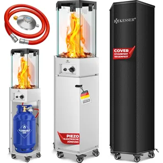 Kesser KESSER® Gasheizstrahler 4/8 kW Gas Piezozündung Heizung + Gasdruckregler + Cover, 360° Rollen Kippschutz, Terrassenheizstrahler Gasheizung Gasheizer Outdoor Kamin Mobiler Heizpilz, Heizer, Schwarz