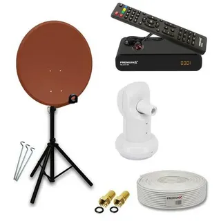 PremiumX Satelliten-Komplettanlage 80cm Satellitenschüssel Ziegelrot Single LNB Kabel Dreibein-Stativ FullHD TV SAT-Receiver