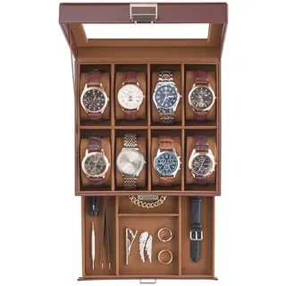 ProCase Uhrenbox mit 8 Fächern, 2 Ebenen Uhrenkasten mit Glasdeckel, Uhrenkoffer mit herausnehmbaren Uhrenkissen, Uhrenschatulle für Schmuck- Espresso