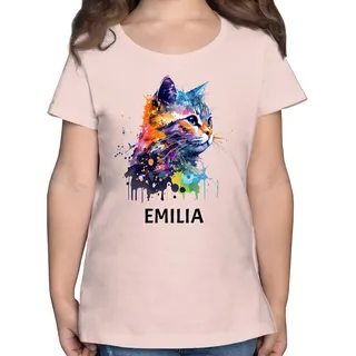 T-Shirt Mädchen - Katze Cat Citten Katzen Cats Katzenlieberhaber - 128 (7/8 Jahre) - Rosa - katzenmotiv Name Shirt katzenmotiven Tshirt katzenliebhaberin t-Shirts katzenbesitzerin t Katzenliebhaber - 128