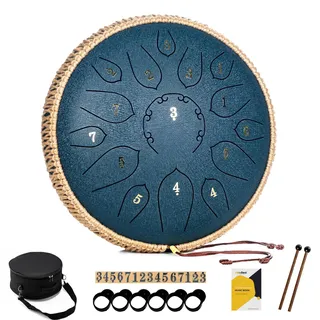 MeloBeat Zungentrommel 12 Zoll 15 Töne - Professionelles Steel Tongue Drum Handpan Set in D Dur inkl. Zungentrommel Liederbuch, Schlagzeug Sticks und Trommel Tragetasche (Dunkelblau)