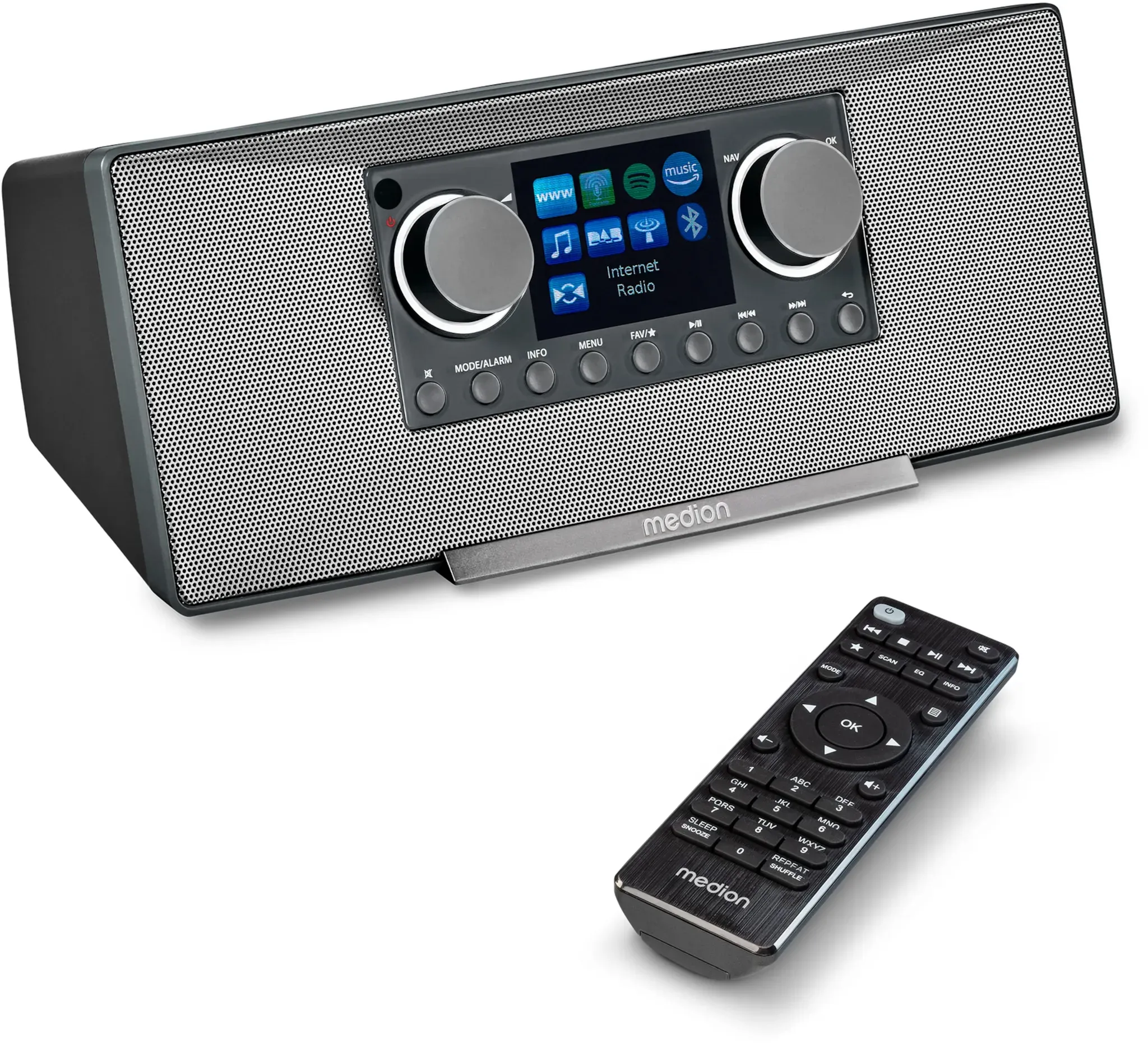 MEDION LIFE P85333 Stereo Internetradio grau, 7,1 cm (2,8'') TFT-Farbdisplay, über 25.000 Internet-Radiosender & viele Podcasts empfangen, DAB+/UKW Radio, Wecker, WLAN, Bluetooth®, Amazon Music, Spotify®-Connect, 2 x 6 W RMS