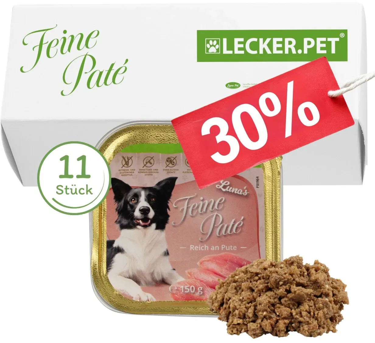 11 x 150 g Lecker.Pet® Luna's Feine Paté Reich an Pute Hundefutter Nassfutter Vollnahrung