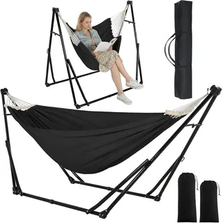 TLGREEN Hängematte mit Gestell,Premium Hängematten-Gestell-Set – 2-in-1, (Faltbar, Verstellbar, Stabiler Gartenhängematte, 231x89cm, Bis 200 kg, für Garten Balkon Camping Indoor, Tragetasche) schwarz