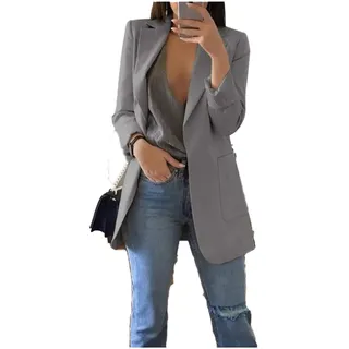 JIER Damen Elegant Langarm Blazer Langärmliger Anzugjacke Einfarbig Cardigan Business Slim Fit Bolero Jacke Anzug Trenchcoat Mantel mit Tasche (Grau,Small) - S