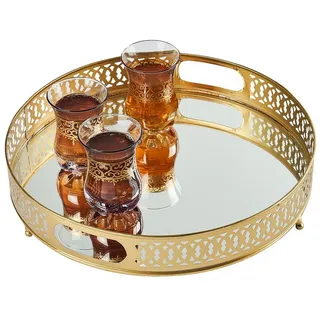Marrakesch Orient & Mediterran Interior Dekotablett Spiegeltablett Serviertablett Deko Tablett Rund Nikita Gold, Handarbeit goldfarben